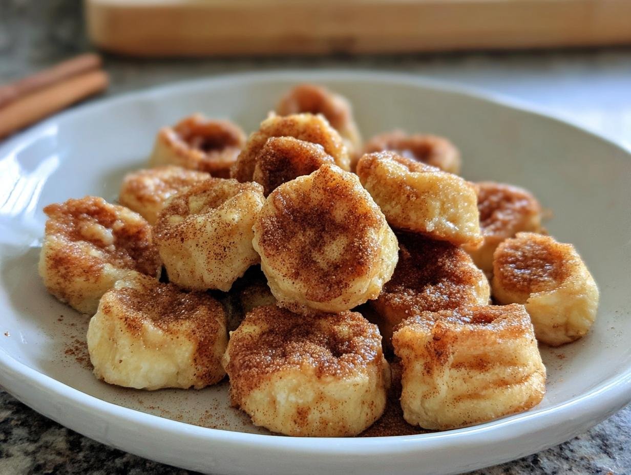 A plate piled high with delicious Keto Cinnamon Cheese Bites, sprinkled with cinnamon.