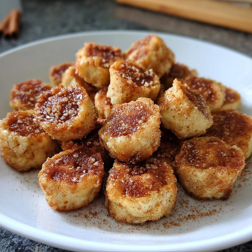 A plate piled high with homemade Keto Cinnamon Cheese Bites, dusted with cinnamon.