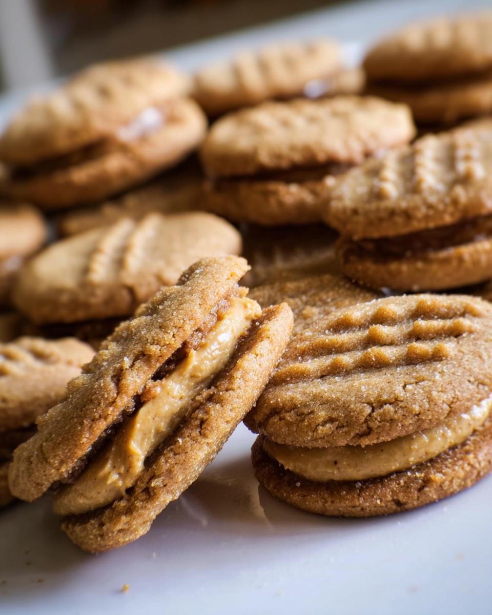 Close-up of homemade Keto Nutter Butters cookies, featuring a creamy filling between two crisp cookies.