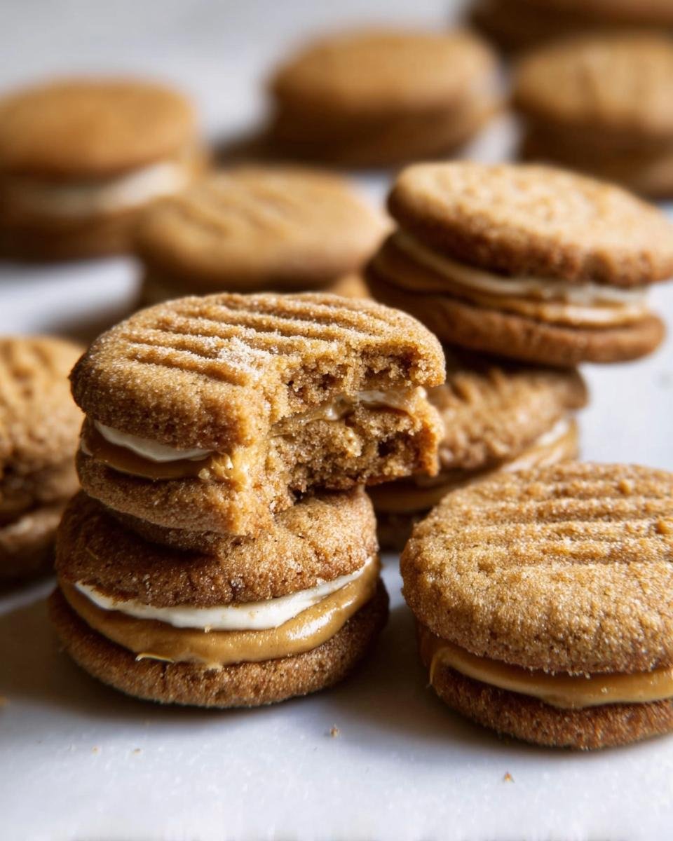 A stack of Keto Nutter Butters cookies with a bite taken out of the top one, revealing the creamy filling.