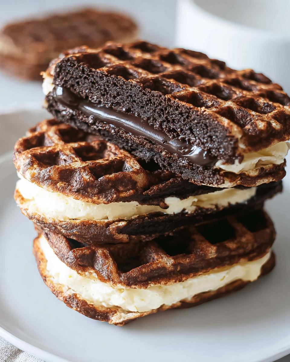 Stack of three Keto Oreo Chaffles featuring a creamy filling and a chocolate center.