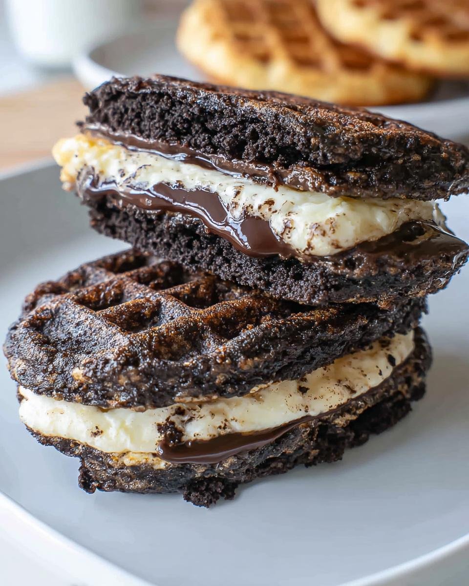 A stack of Keto Oreo Chaffles with a creamy filling and chocolate drizzle, served on a plate.