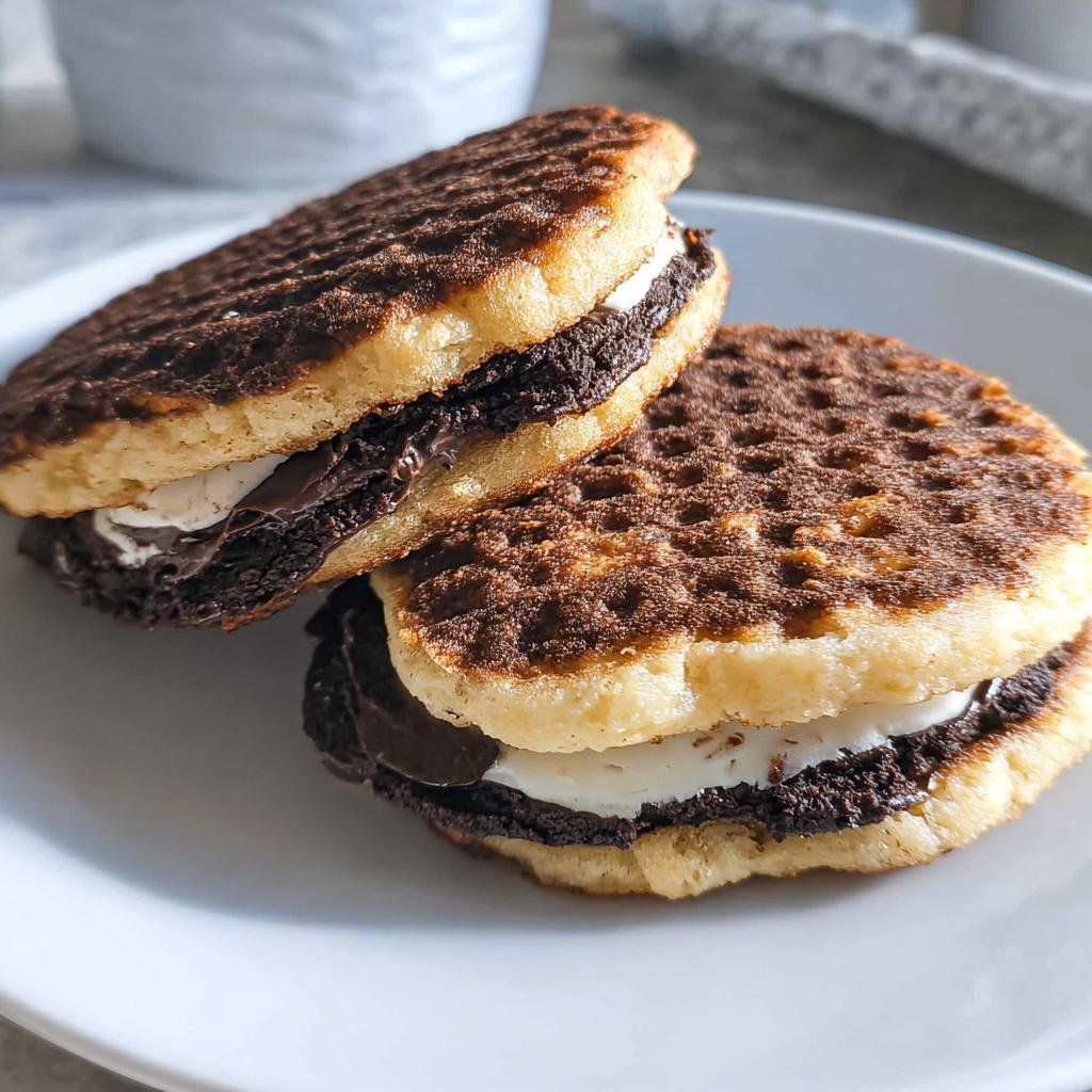 Two stacked Keto Oreo Chaffles on a white plate, showing the waffle texture and creamy filling.