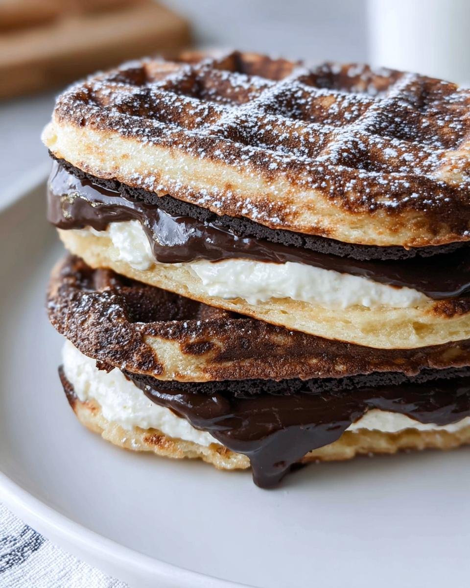 Two Keto Oreo Chaffles stacked with cream filling and chocolate drizzle, dusted with powdered sweetener.