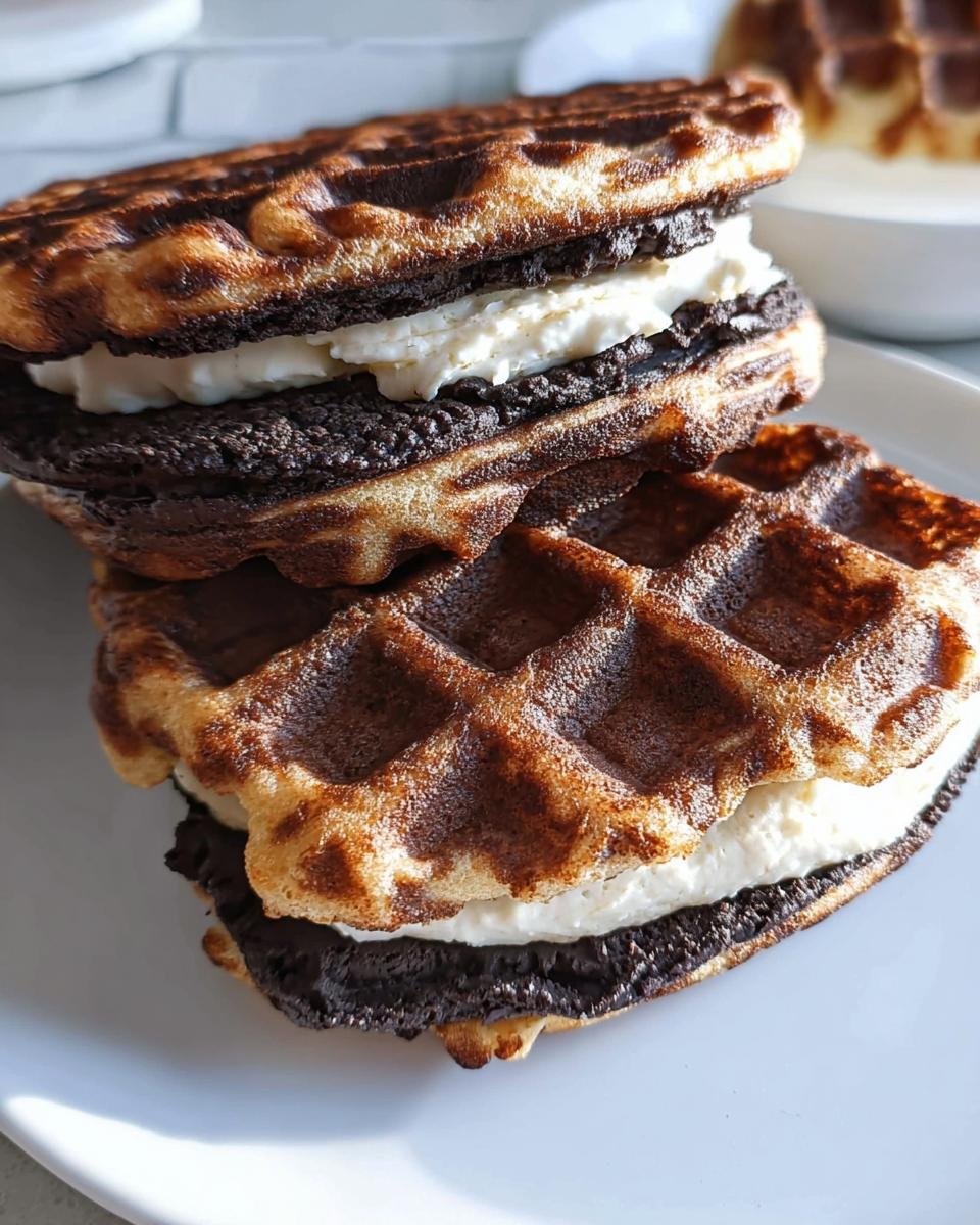 Two stacked Keto Oreo Chaffles with cream filling on a white plate. Delicious low-carb dessert.