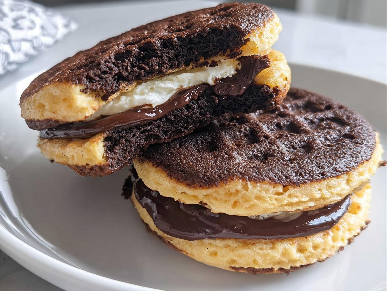 Two stacked Keto Oreo Chaffles with a creamy white filling and chocolate drizzle, showcasing a low-carb dessert option.