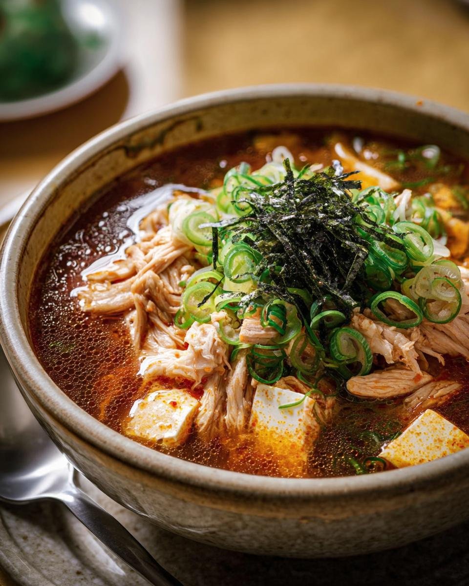 A bowl of Kimchi Jjigae, one of the Cozy Korean Soups and Stews, with tofu, chicken, scallions and seaweed.