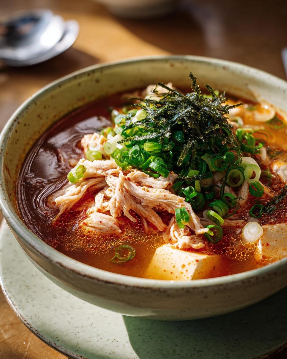 Close-up of Kimchi Jjigae, a cozy Korean soup, with tofu, chicken, seaweed and scallions.