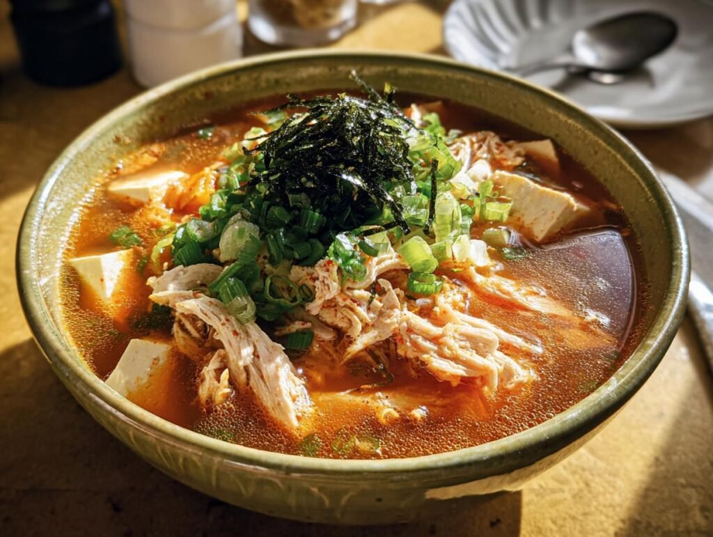 A bowl of Kimchi Jjigae, a Cozy Korean Soups and Stews, featuring kimchi, tofu, chicken, and green onions.