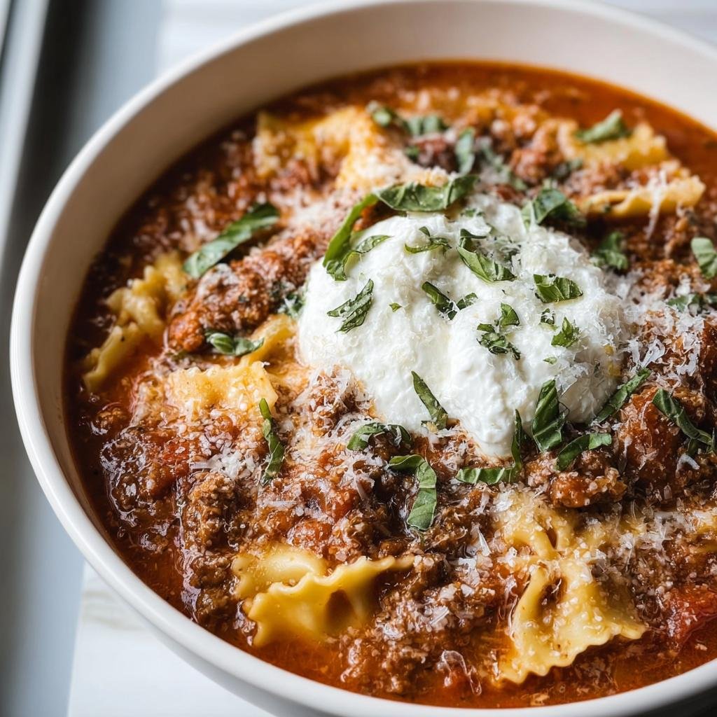 A bowl of Lasagna Soup topped with a dollop of ricotta cheese, parmesan, and fresh basil.