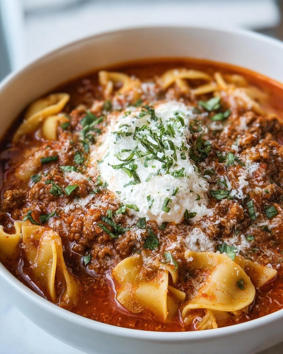 Close-up of a bowl of Lasagna Soup, topped with ricotta cheese and fresh herbs.