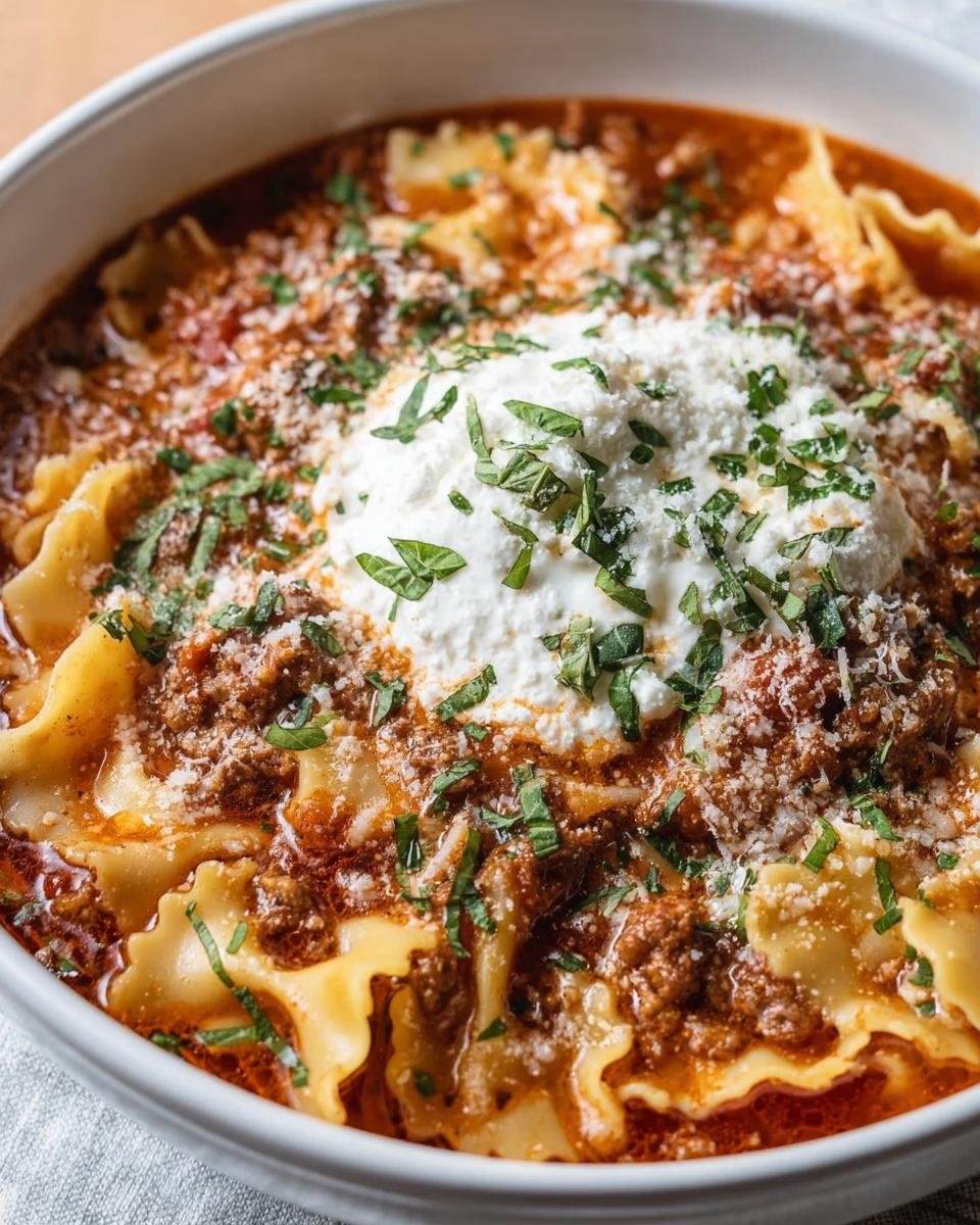 A bowl of Lasagna Soup topped with ricotta cheese, parmesan, and fresh herbs.