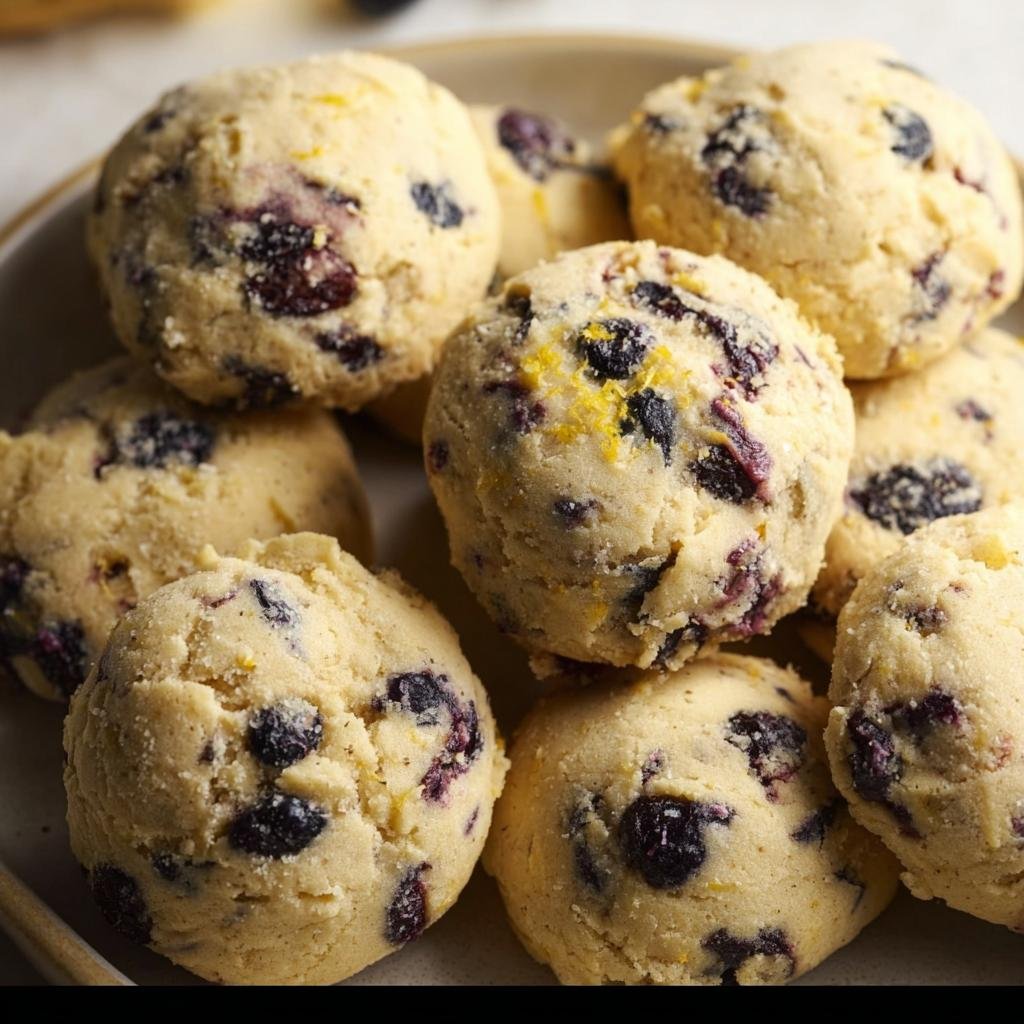 A plate of freshly baked Lemon Blueberry Cookies. The cookies are golden with visible blueberries and lemon zest.