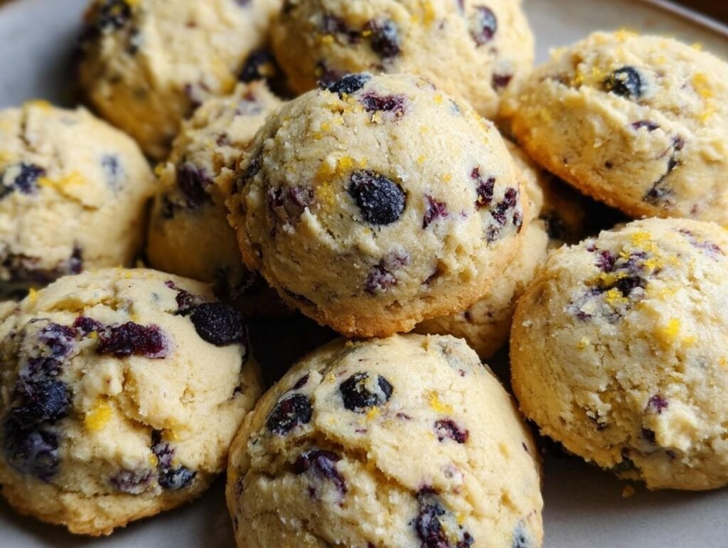 A tempting pile of freshly baked Lemon Blueberry Cookies. Close-up shows blueberries and lemon zest.