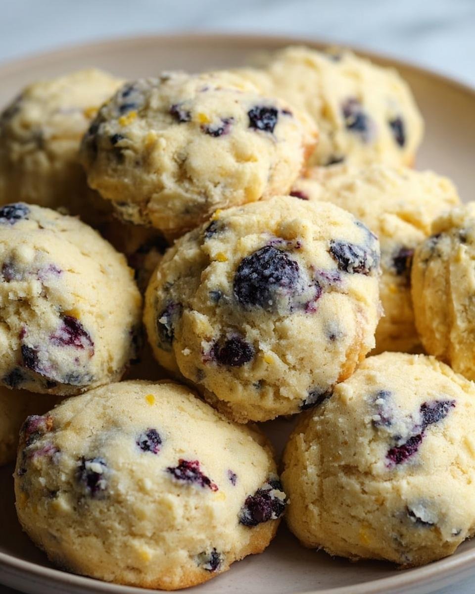 Close-up of a pile of freshly baked Lemon Blueberry Cookies on a plate, showcasing their golden color and juicy blueberries.