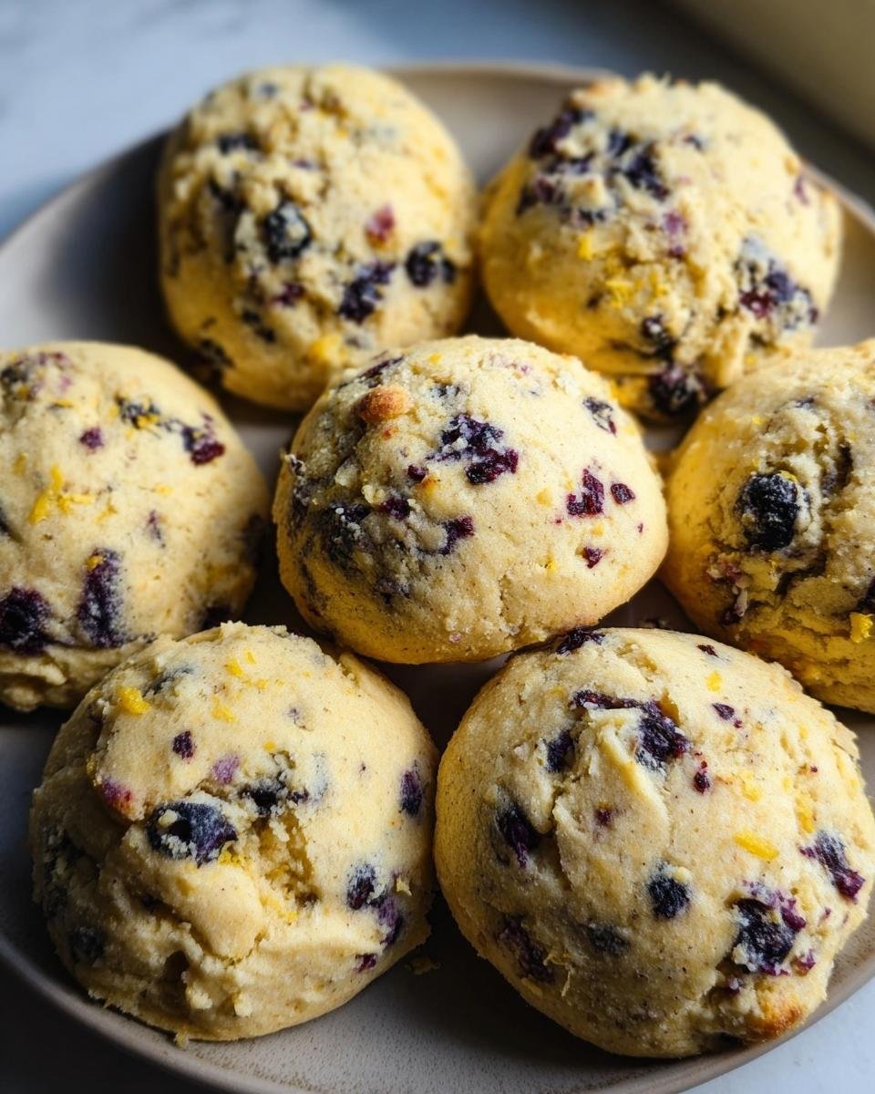 A plate of freshly baked Lemon Blueberry Cookies. The cookies are golden brown with blueberries and lemon zest.