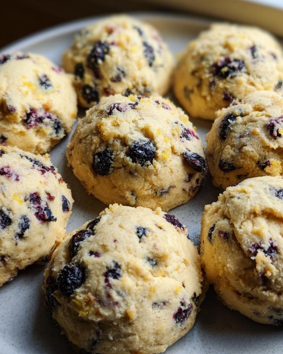 A plate of freshly baked Lemon Blueberry Cookies. Soft, round cookies speckled with blueberries and lemon zest.
