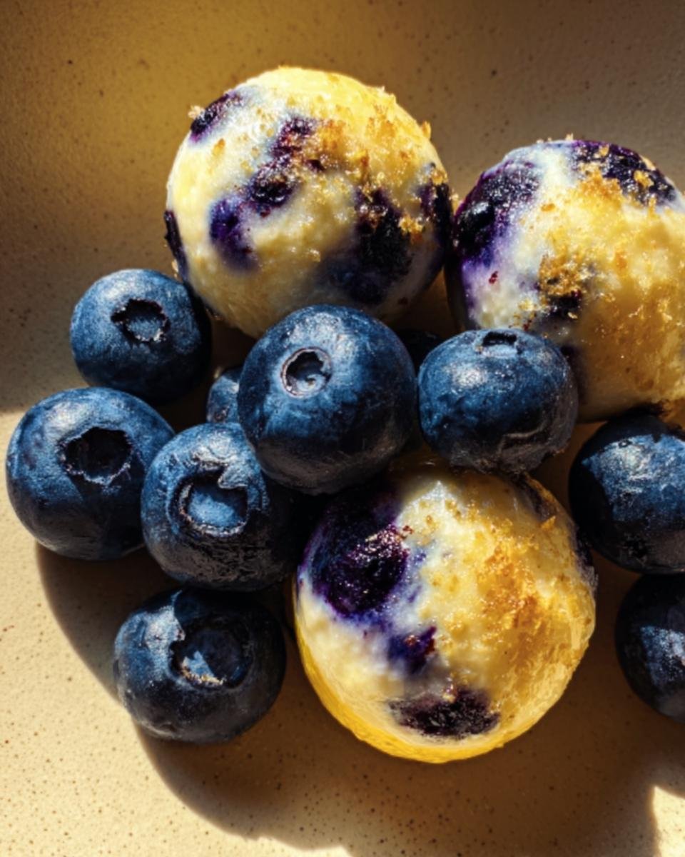 Close-up of Lemon Blueberry Cottage Cheese bites surrounded by fresh blueberries on a plate.