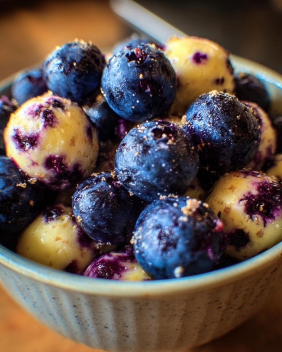 Close-up of a bowl filled with Lemon Blueberry Cottage Cheese mixture and fresh blueberries.