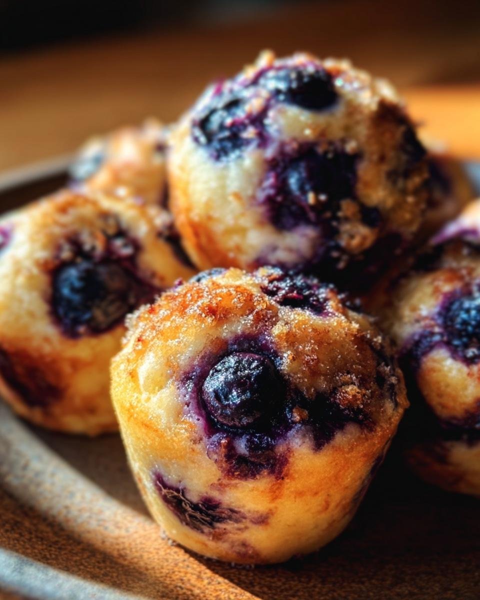 Close-up of Lemon Blueberry Cottage Cheese muffins on a plate, showcasing their golden tops and juicy blueberries.