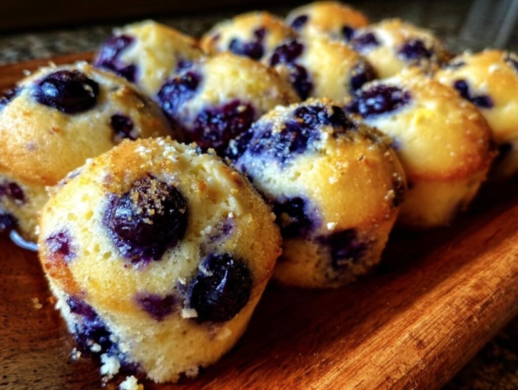 A batch of freshly baked Lemon Blueberry Cottage Cheese muffins on a wooden serving tray.
