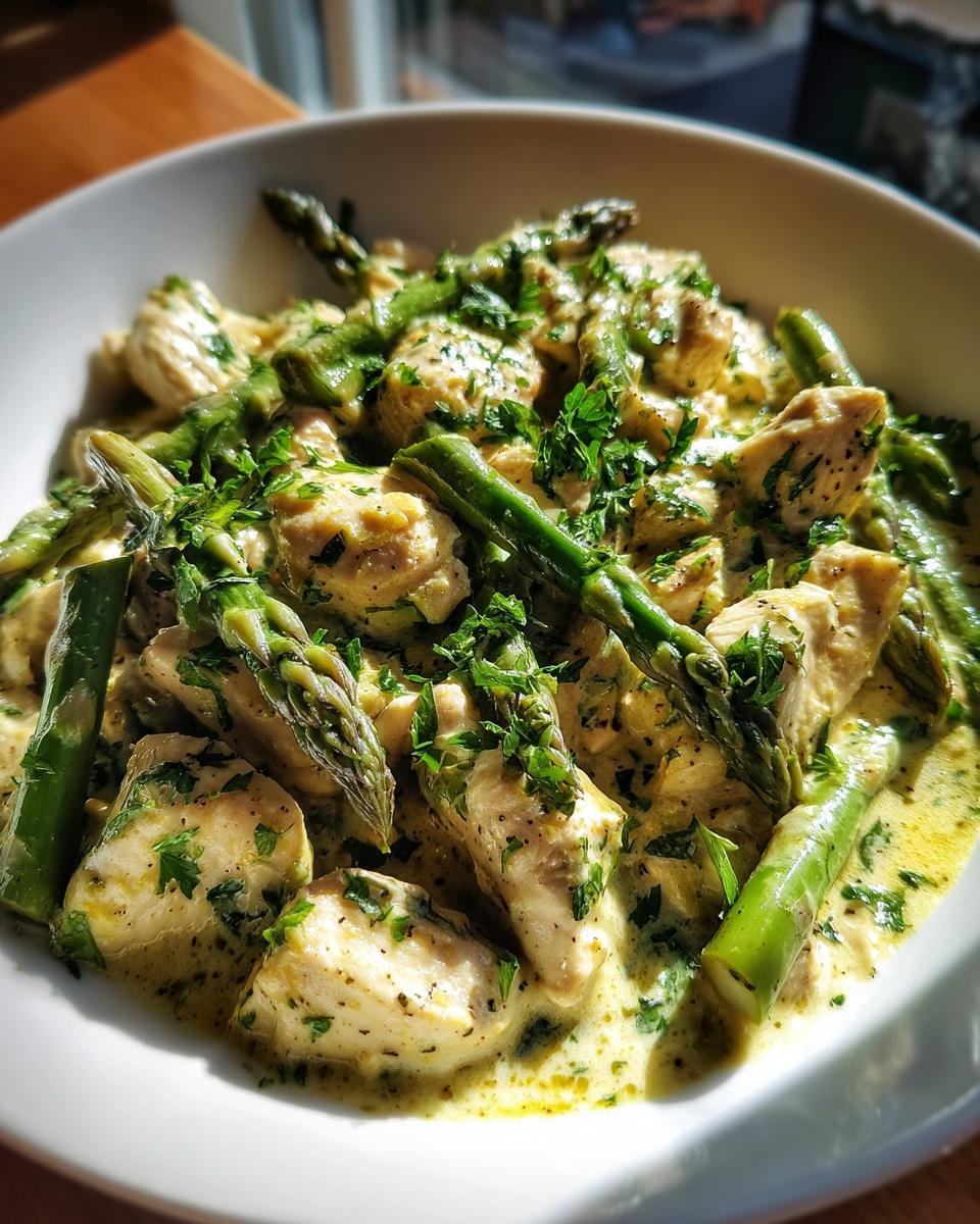 Bowl of Lemon Butter Chicken With Asparagus, garnished with fresh parsley.