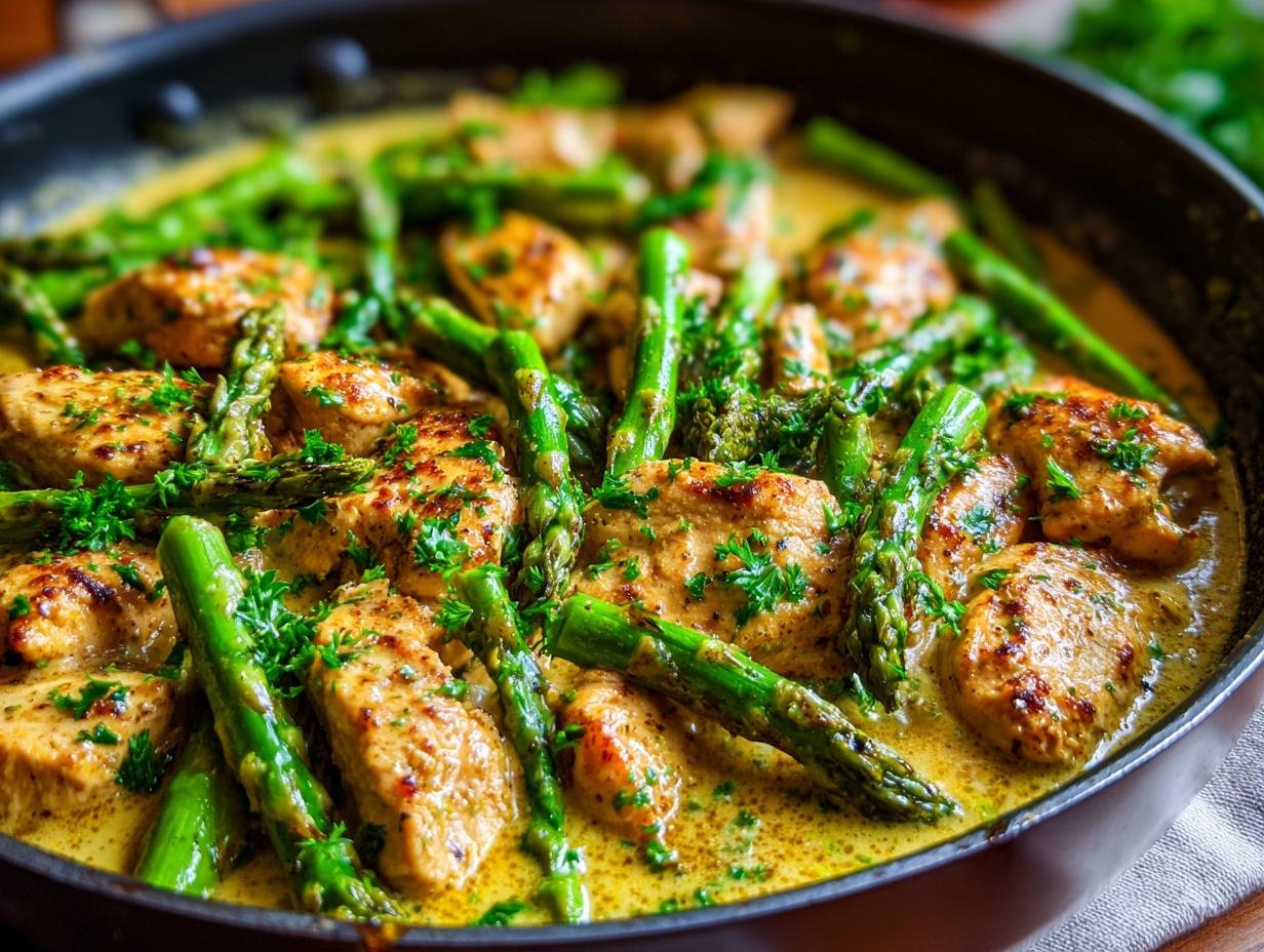 Close-up of Lemon Butter Chicken With Asparagus in a skillet, garnished with fresh parsley.