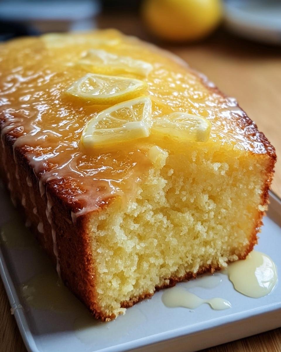 A glazed Lemon Cake to Die For, topped with lemon slices, sits on a white plate with a creamy sauce.