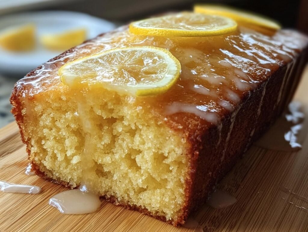 Close-up of a glazed Lemon Cake to Die For, decorated with lemon slices on a wooden board.