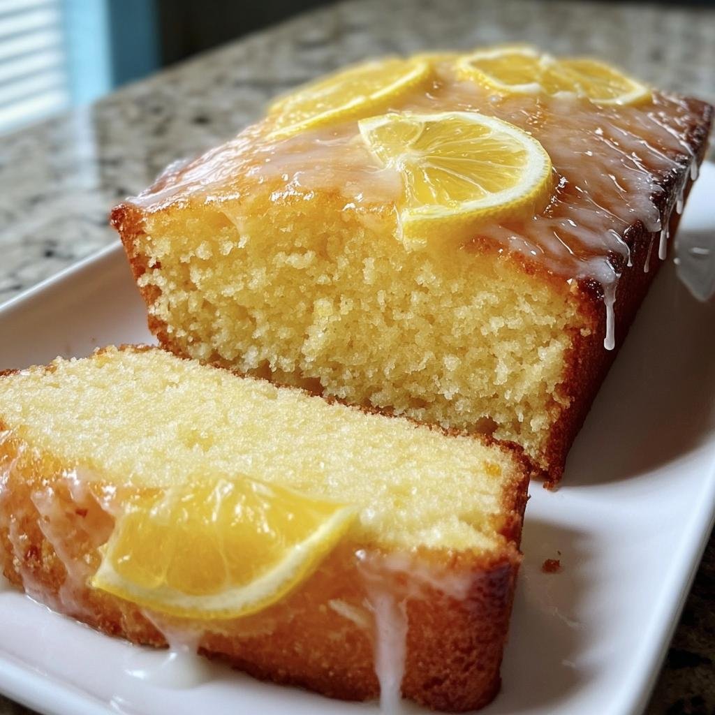 A glazed Lemon Cake to Die For, sliced and decorated with lemon slices on a white plate.