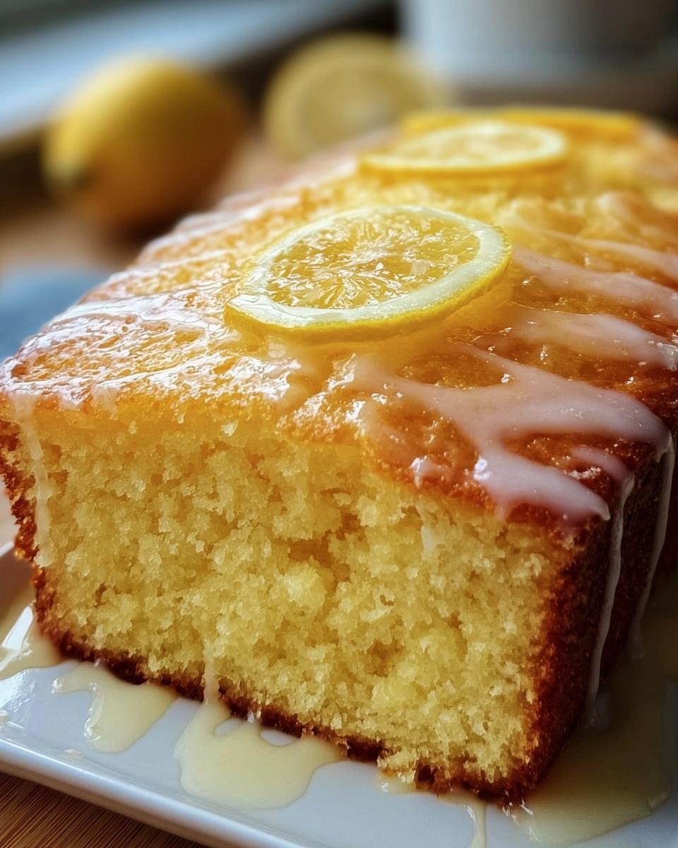 Close-up of a slice of Lemon Cake to Die For, topped with lemon slices and a sweet glaze.