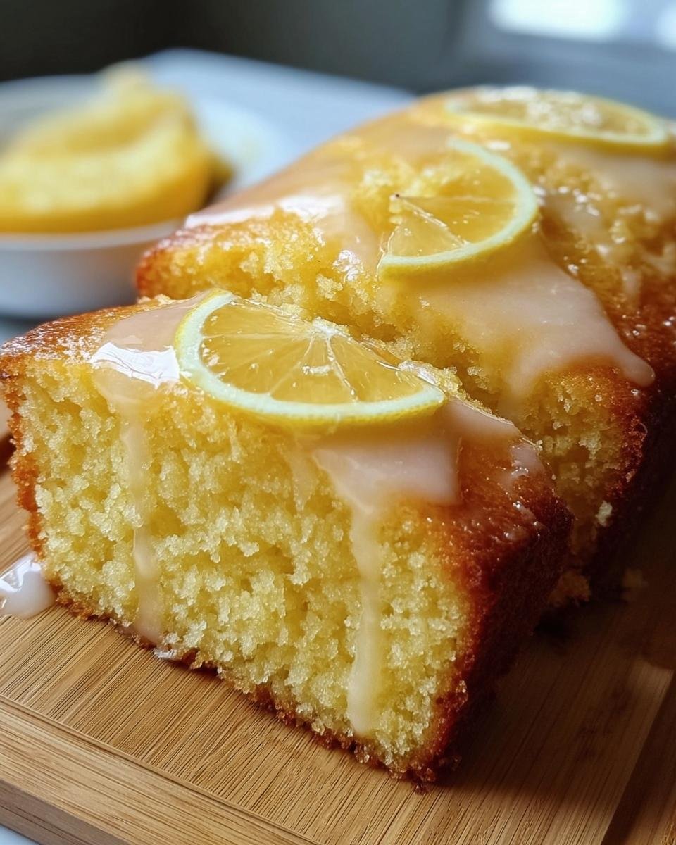Close-up of a sliced Lemon Cake to Die For, drizzled with glaze and topped with lemon slices.