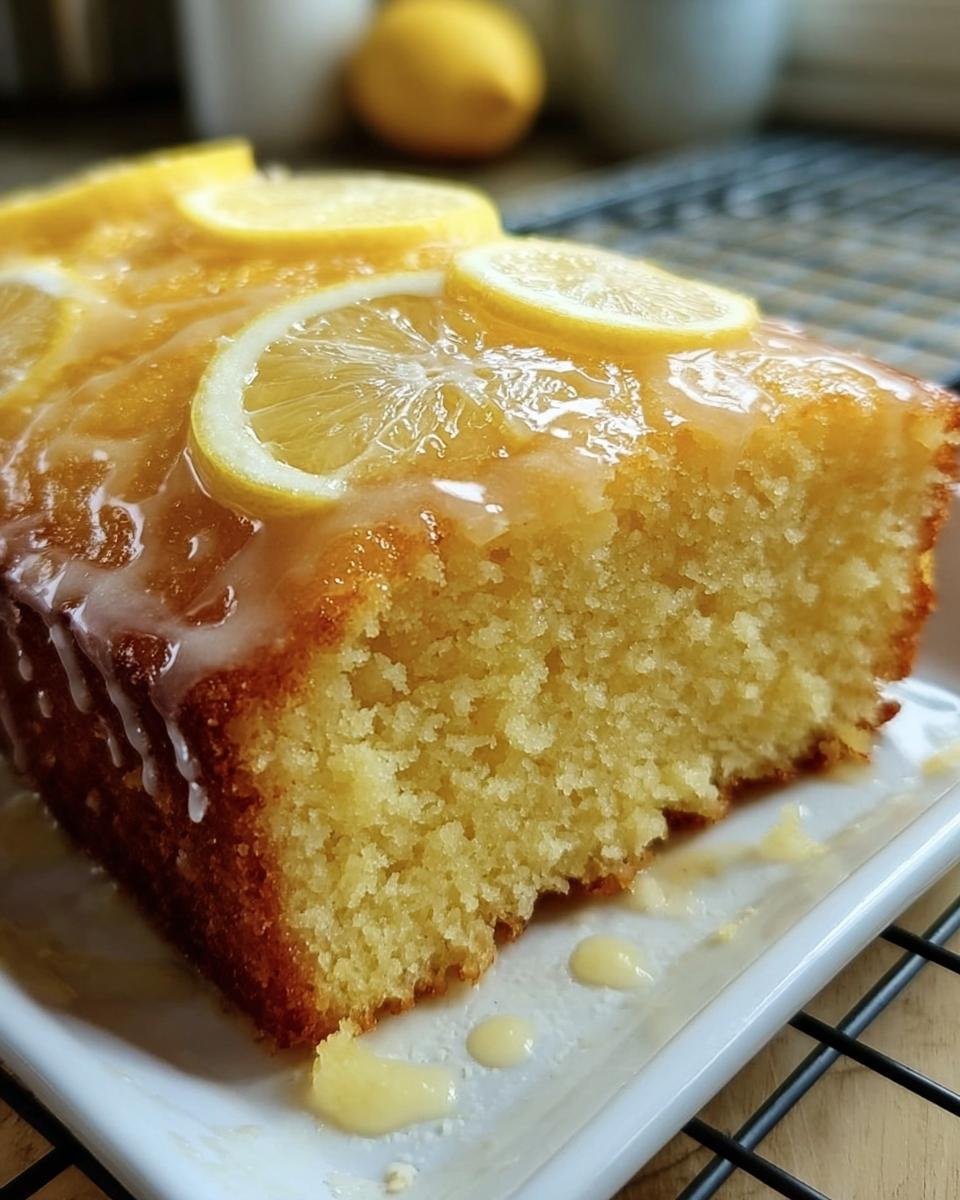 A close-up of a glazed Lemon Cake to Die For, garnished with lemon slices on a white plate.