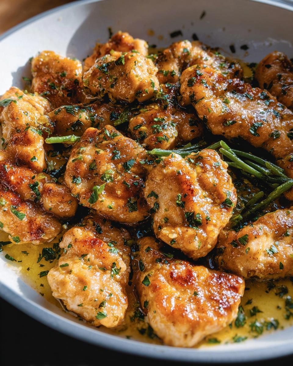 Close-up of Lemon Garlic Butter Chicken pieces with herbs and asparagus on a plate.