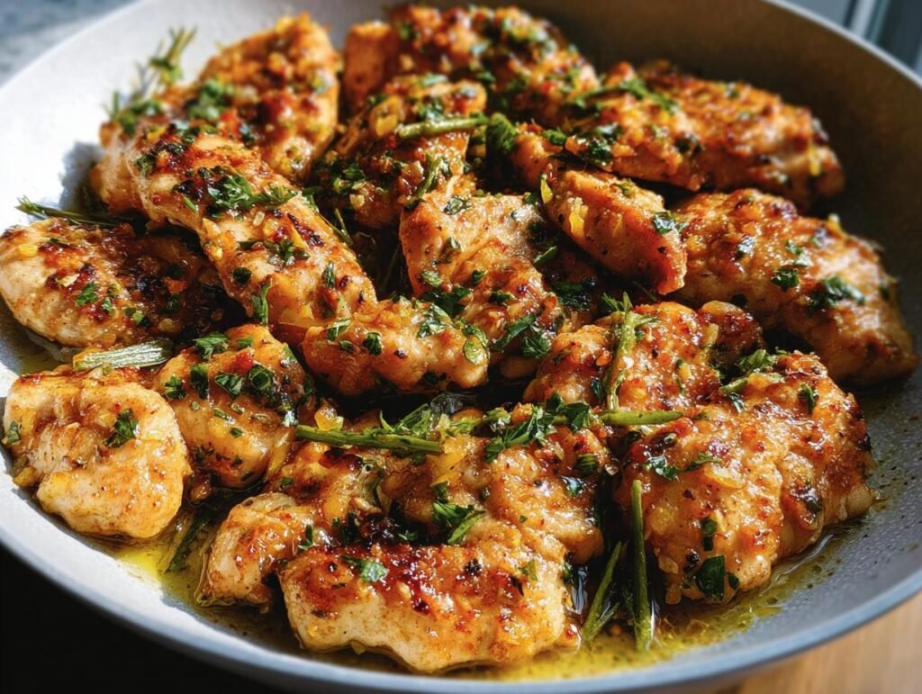 Close-up of Lemon Garlic Butter Chicken pieces garnished with fresh herbs in a bowl.