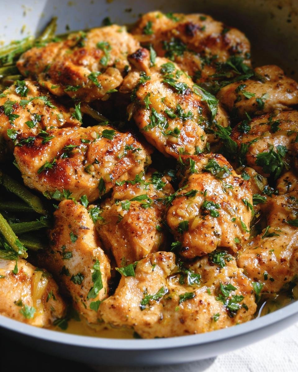 Close-up of Lemon Garlic Butter Chicken with green beans, garnished with fresh herbs.