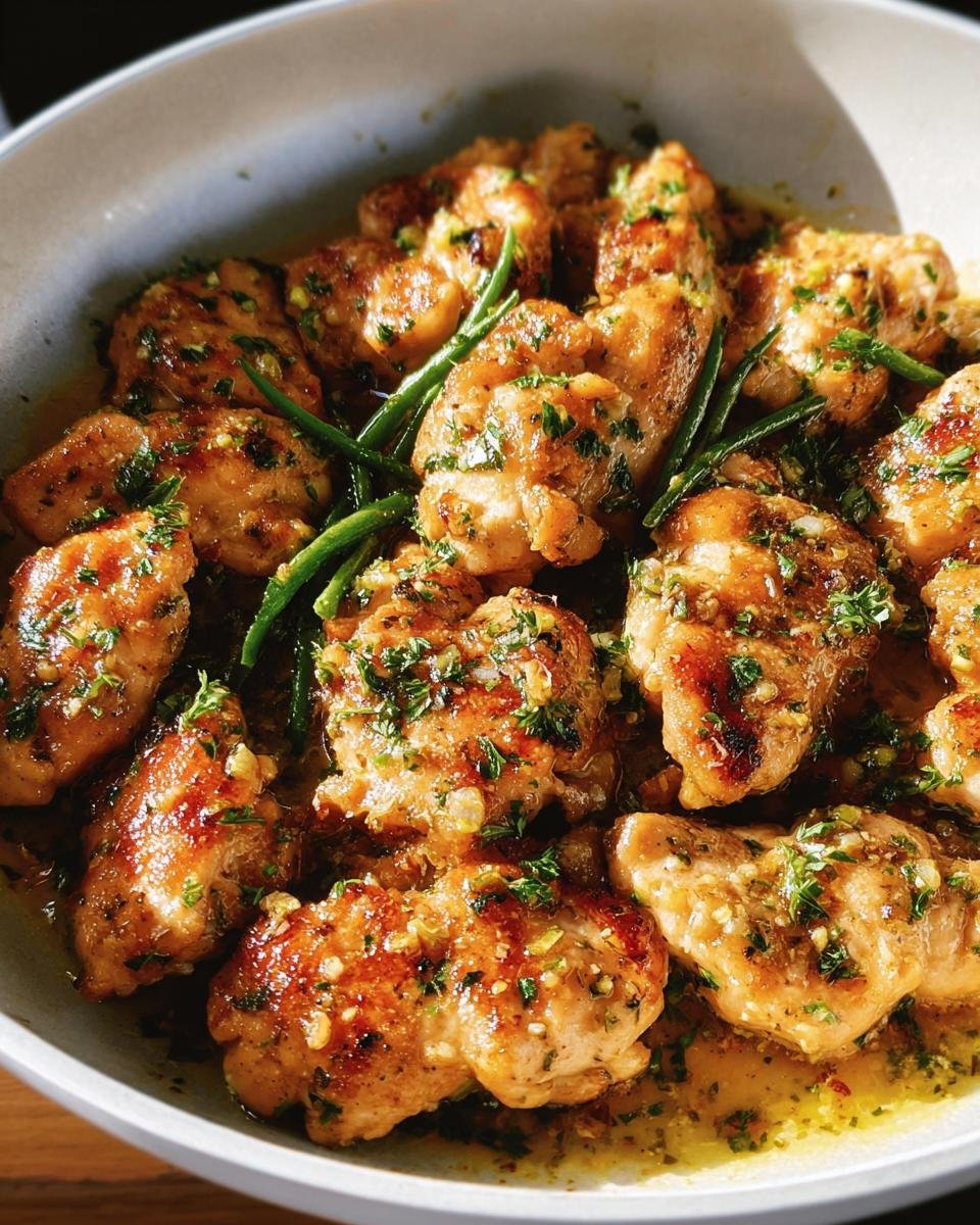 Close-up of Lemon Garlic Butter Chicken thighs with green beans and fresh herbs.