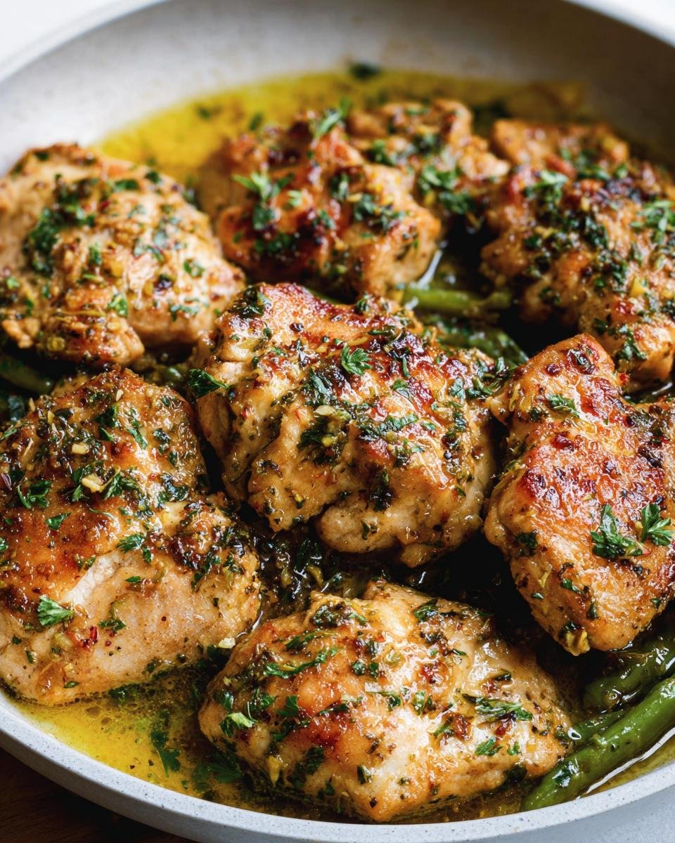 Close-up of Lemon Garlic Butter Chicken thighs with herbs, served over green beans.