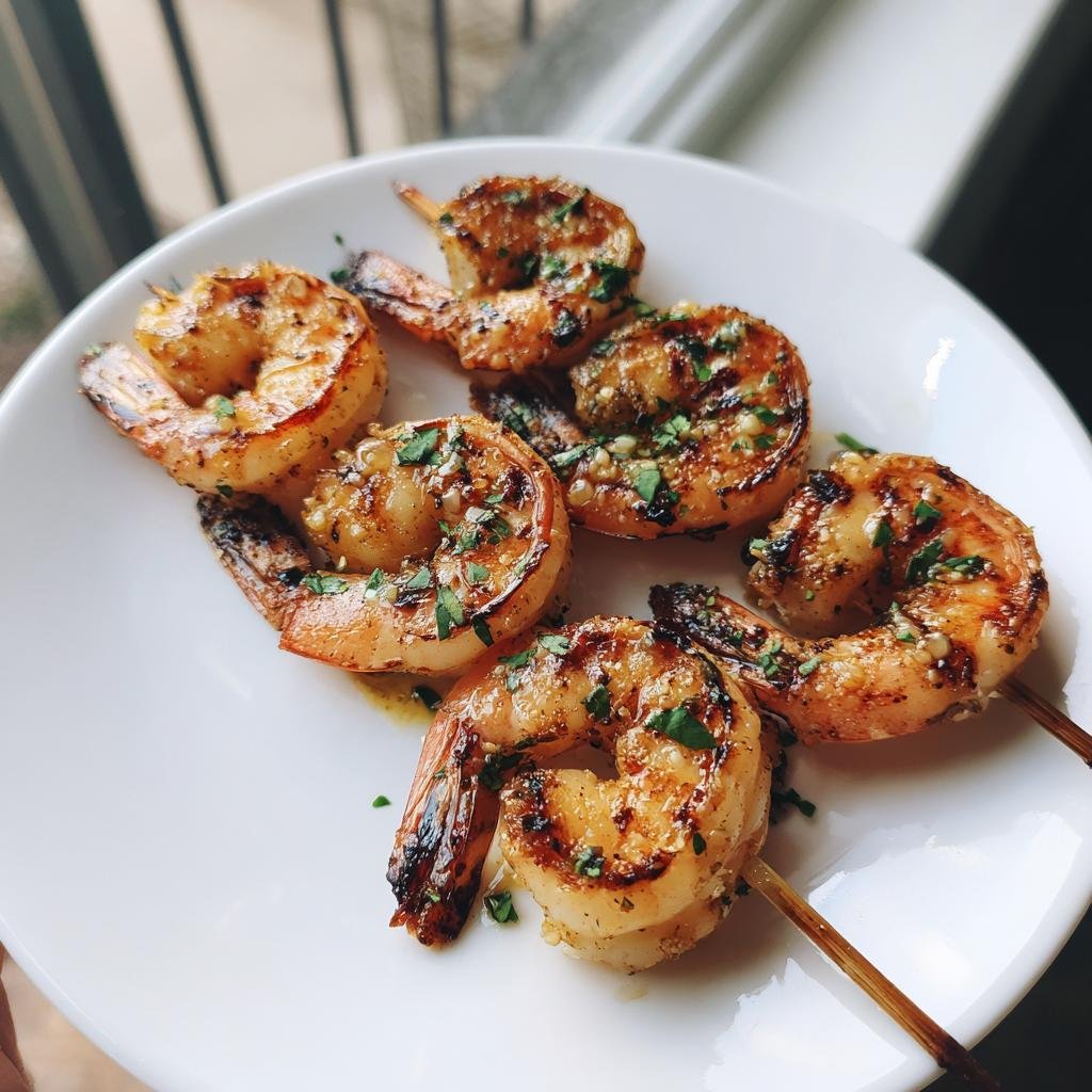 Close-up of Lemon Herb Grilled Shrimp Skewers on a white plate, seasoned with herbs.