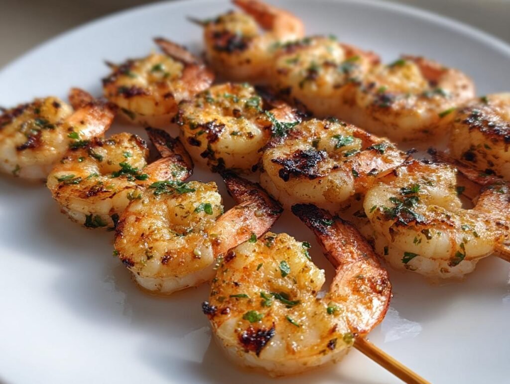 Two skewers of Lemon Herb Grilled Shrimp, seasoned with herbs, presented on a white plate.