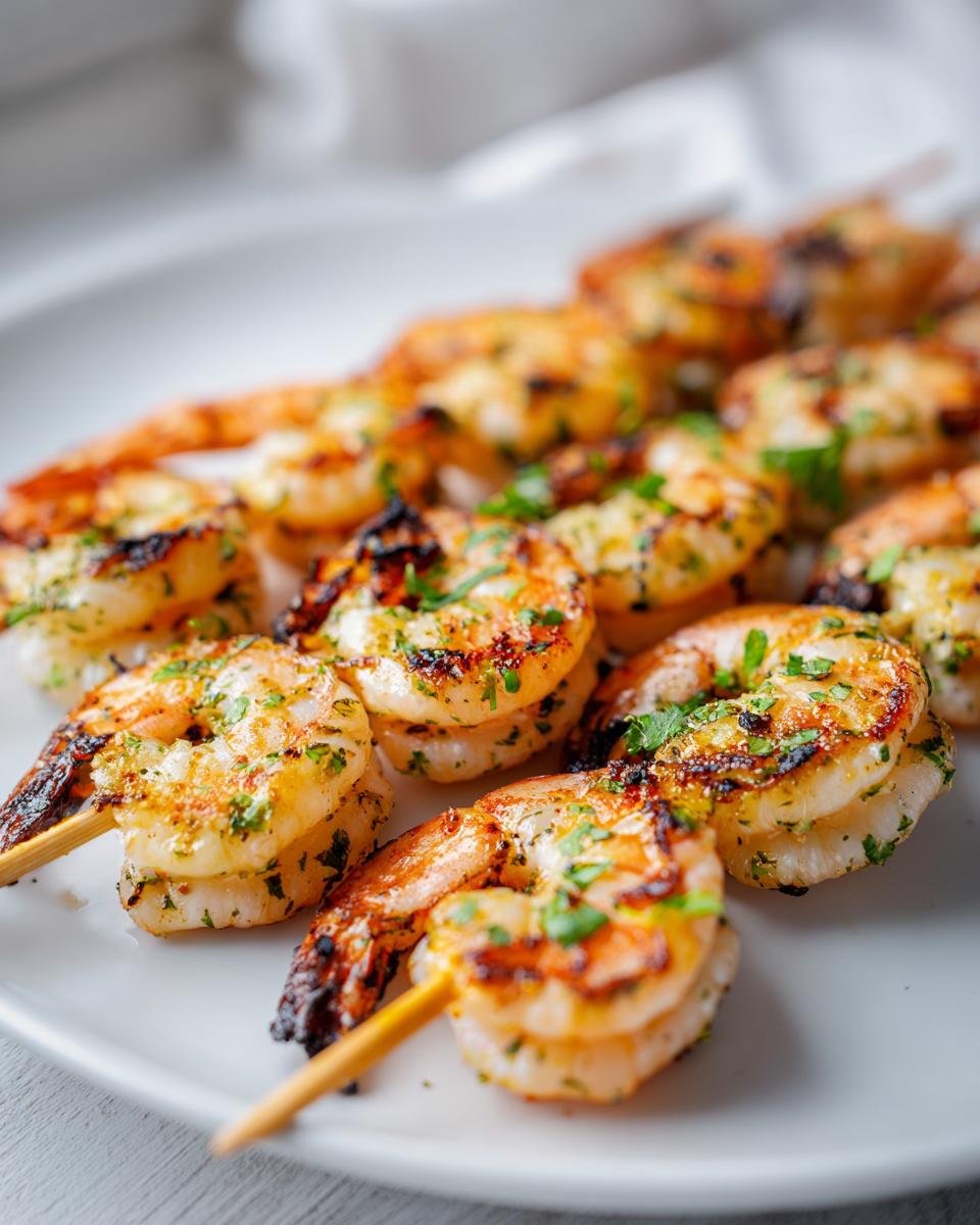 Close-up of Lemon Herb Grilled Shrimp Skewers on a white plate, seasoned with herbs and grilled to perfection.