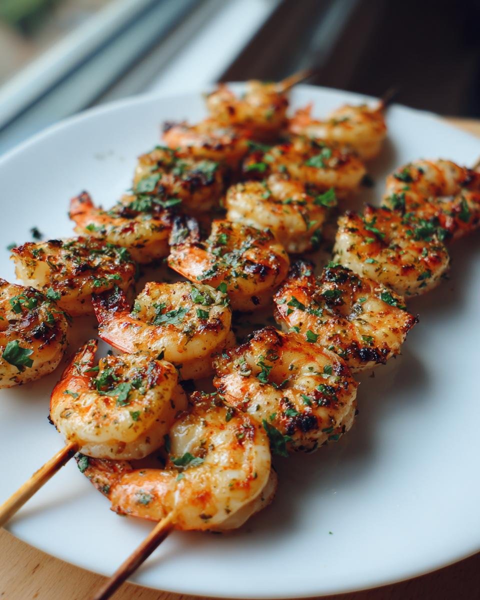 Several lemon herb grilled shrimp skewers on a white plate, sprinkled with fresh herbs.