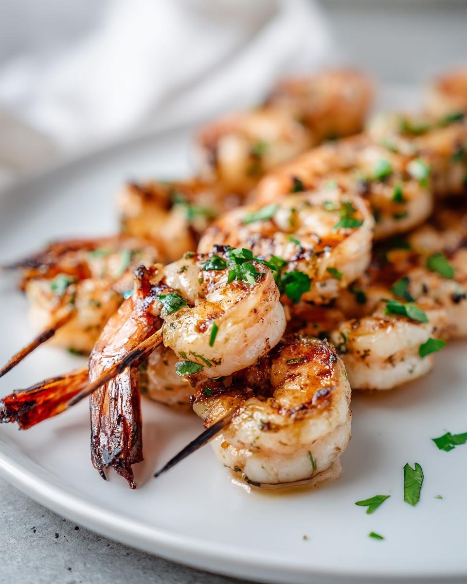 Close-up of Lemon Herb Grilled Shrimp Skewers on a white plate, garnished with fresh herbs.