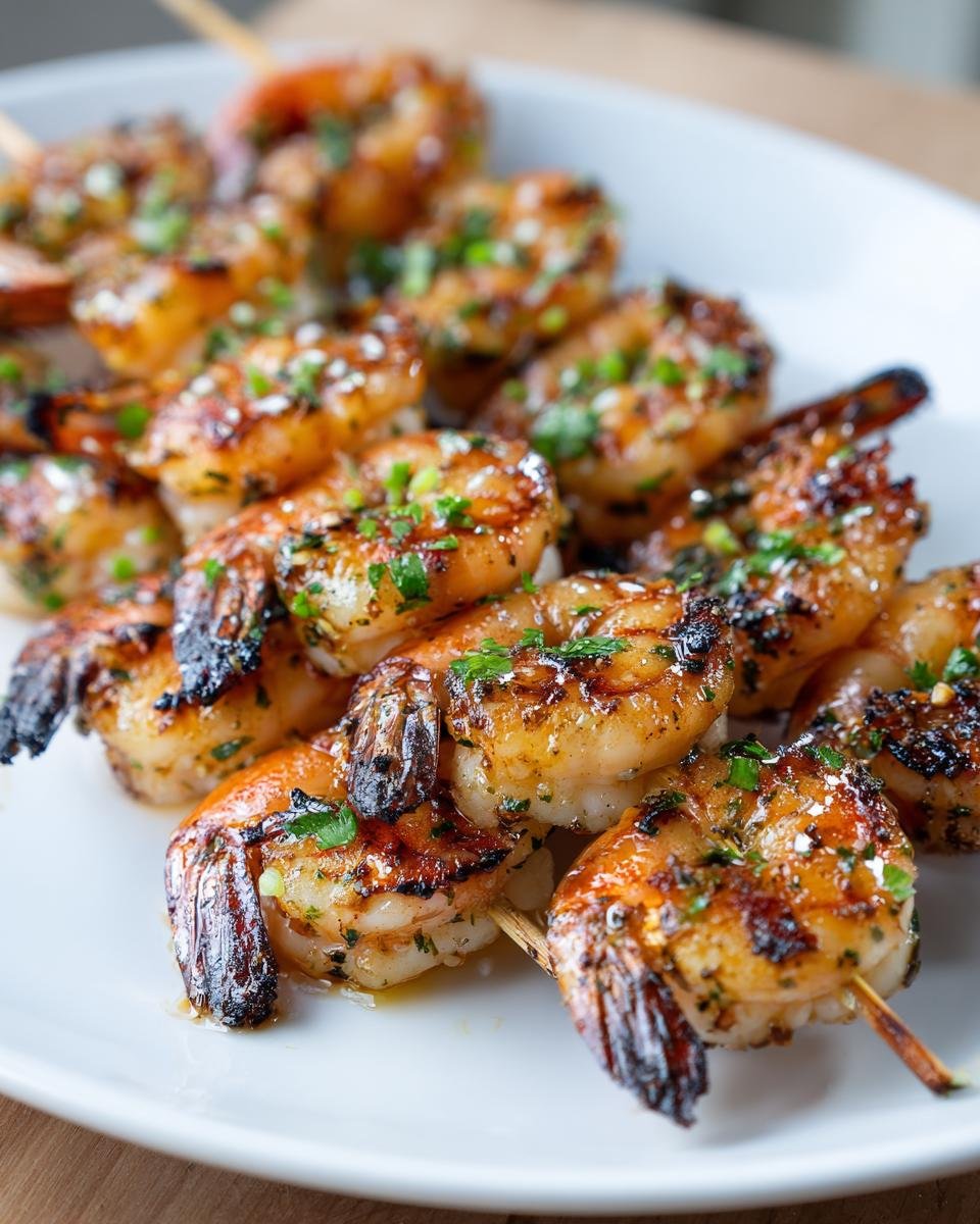 Close-up of Lemon Herb Grilled Shrimp Skewers on a white plate, garnished with fresh herbs.