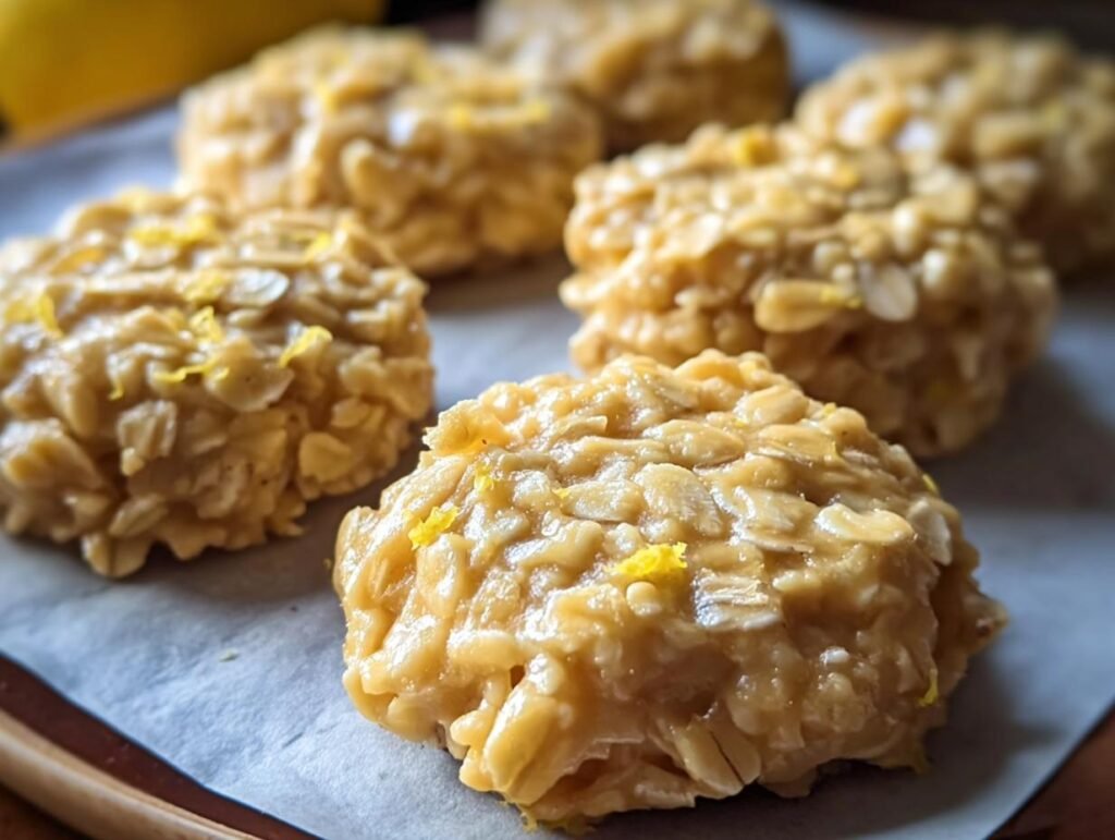 Several Lemon Oatmeal No-Bake Cookies on parchment paper, topped with lemon zest.