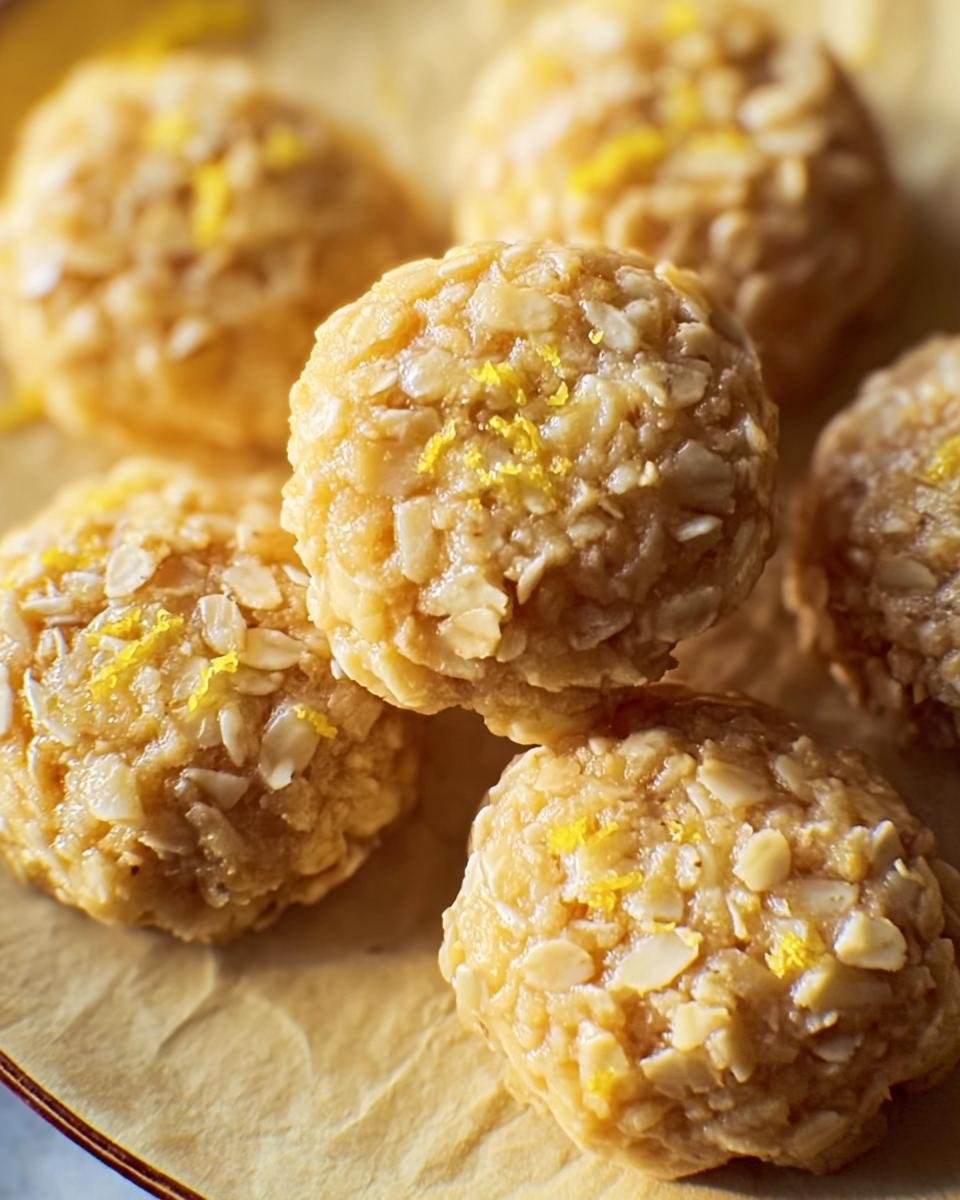 Close up of Lemon Oatmeal No-Bake Cookies, featuring a lemon zest garnish on a parchment paper.