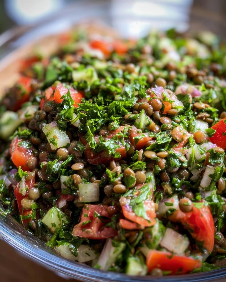 Close-up of Lentil Tabbouleh with Fresh Herbs, showing lentils, tomatoes, cucumbers, onions, and parsley.