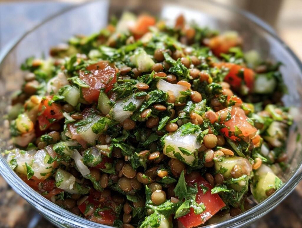Close-up of Lentil Tabbouleh with Fresh Herbs in a glass bowl, showing lentils, tomatoes, cucumbers, and parsley.
