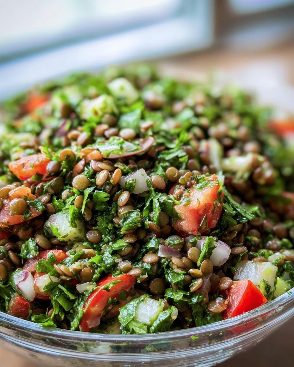 Close-up of Lentil Tabbouleh with Fresh Herbs in a glass bowl, showing lentils, tomatoes, cucumbers, and parsley.