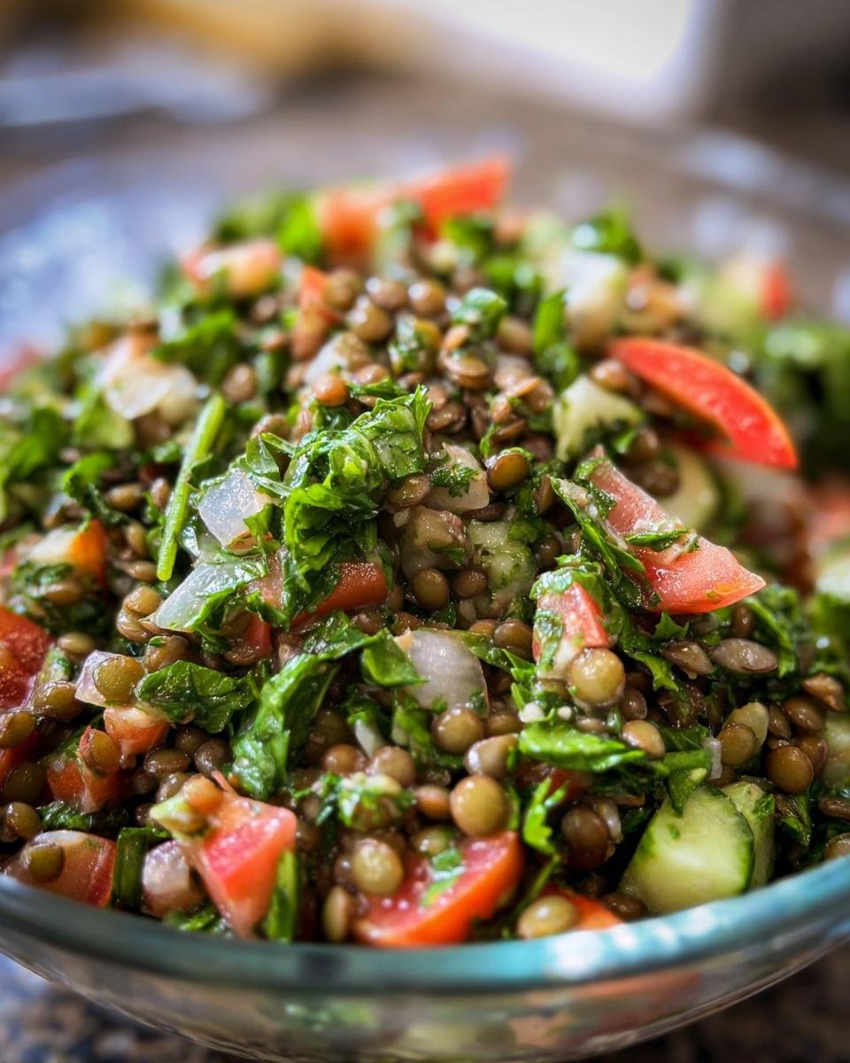 Close-up of Lentil Tabbouleh with Fresh Herbs in a glass bowl, featuring lentils, tomatoes, cucumbers, and herbs.